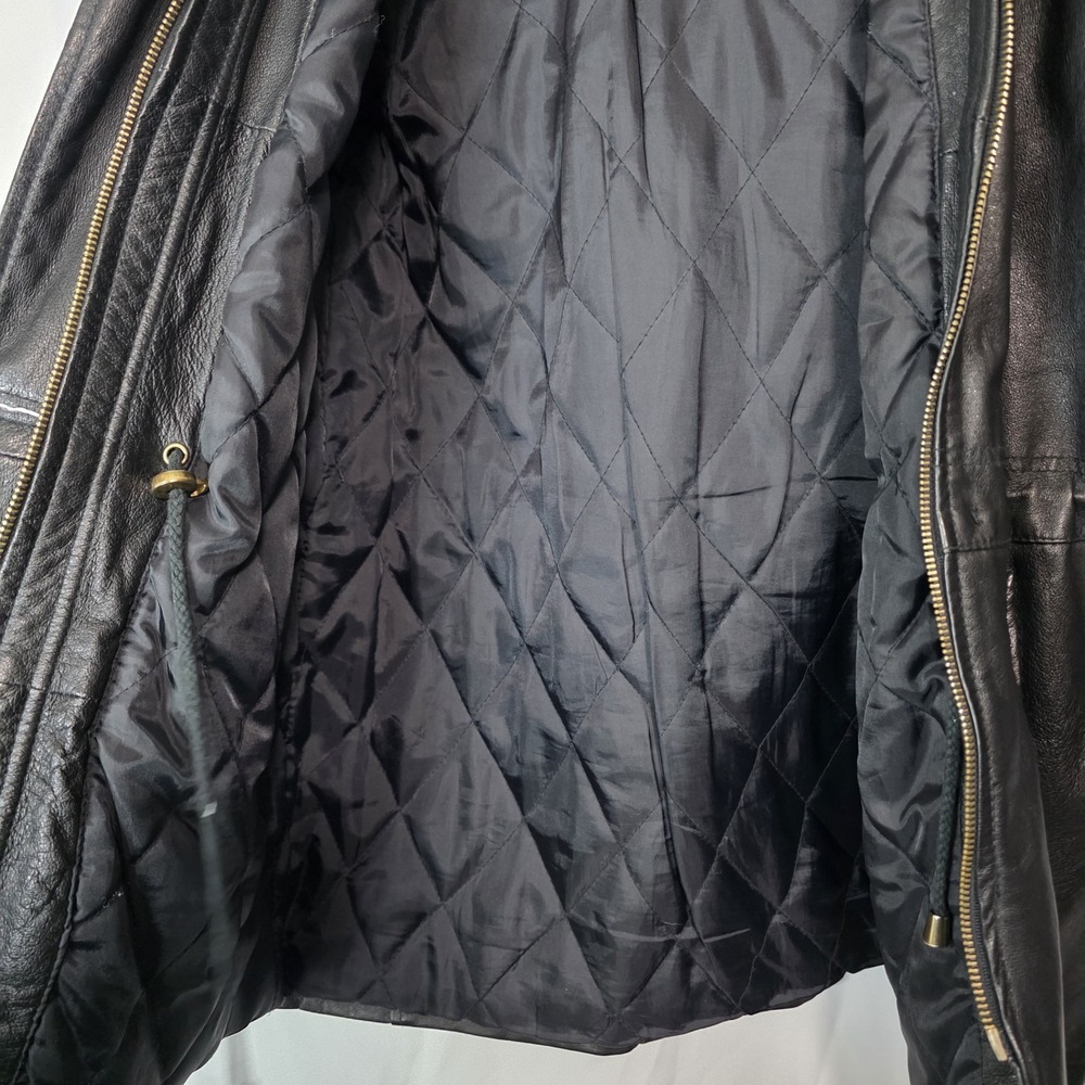 Vintage Genuine Leather Black‎ Coat Faux Fur Hood Y2K Minimalist Jacket - Picture 12 of 16